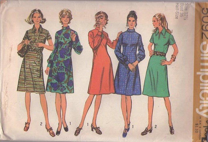 Simplicity 5092 Vintage 70's Sewing Pattern Secretary Dress, Fit & Flared Day Dress Set Size 12.5
