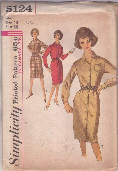 Simplicity 5124 Vintage 60's Sewing Pattern Rockabilly Dress, Pinup Secretary Full Front Buttons Collared Sheath Shirt Dress 3 Styles Size 16