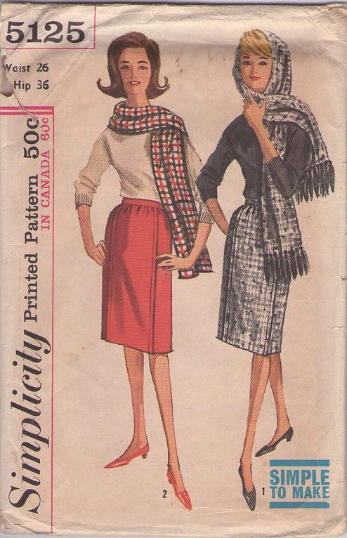 Simplicity 5125 Vintage 60's Sewing Pattern Skirts, Scarves, Simple to Make Secretary Skirt, Wrap Head Scarf, Fringe Hood Stole Waist 26 Size M