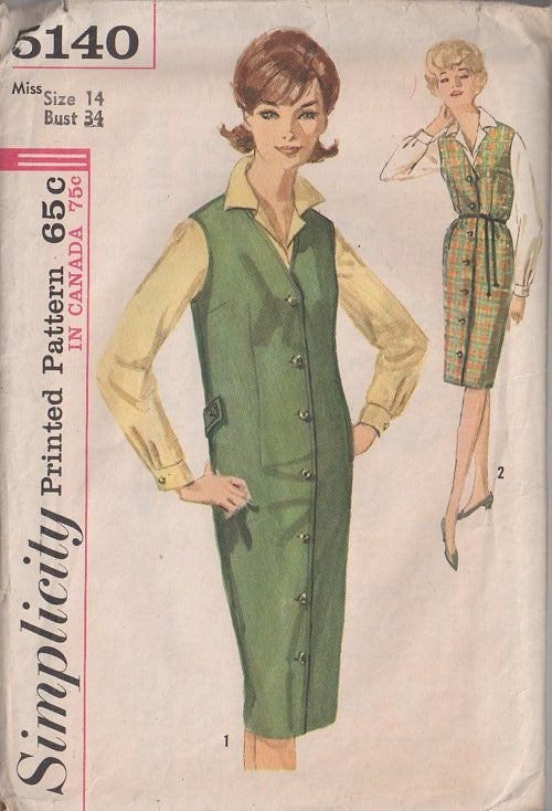 Simplicity 5140 Vintage 60's Sewing Pattern Secretary Jumper, Blouse, Collared Blouse, Front Buttoned Coat Dress, V Neck Jumper, Back Martingale Belt Size 14 CUT