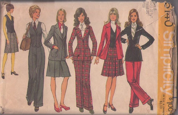 Simplicity 5140 Vintage 70's Sewing Pattern Disco Separates, Annie Hall, Fitted Blazer Velveteen Suit Jacket, Kilt Pleats Skirt, Cuffed Pants Size 8