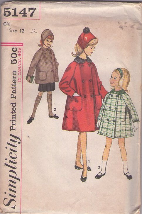 Simplicity 5147 Vintage 60's Sewing Pattern Teen Girl's Coats, Raglan Sleeve Double Breasted Jacket, Flared Coat & Matching Pom Pom Cap, Hat Size 12
