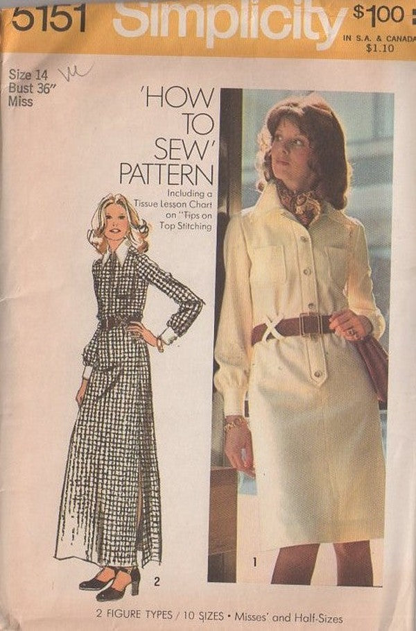 Simplicity 5151 Vintage 70's Sewing Pattern Shirt Dress Set, How to Sew, X Belt Carriers Button Band Step In Shirt Dress, Maxi Gown with Side Slits, Collar Size 12