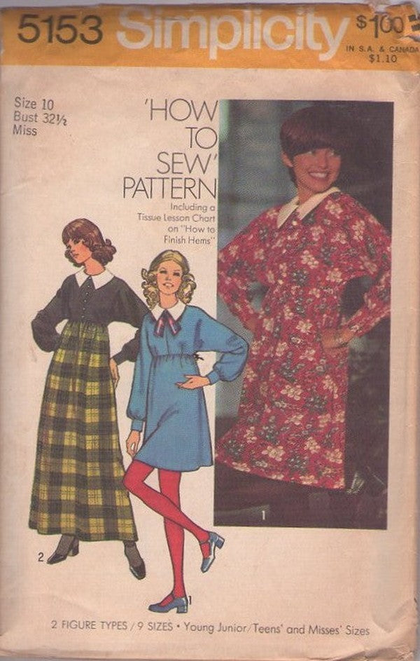 Simplicity 5153 Vintage 70's Sewing Pattern Boho Dress, How To Sew, Mod Secretary, BATWING Dolman Sleeves, High Waisted Day Dress, Maxi Long Gown, Collar Size 10