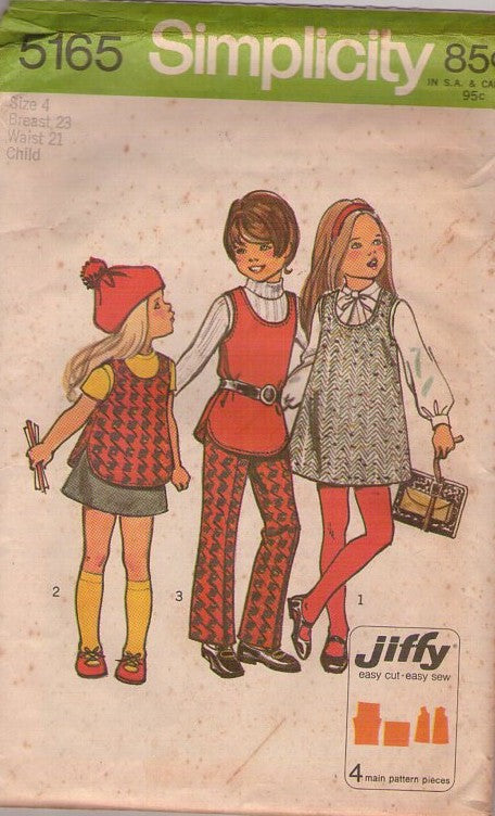 Simplicity 5165 Vintage 70's Sewing Pattern Girl's Jiffy Separates, Groovy Tank Top, Dress, Jumper, Pants, Skirt Size 4