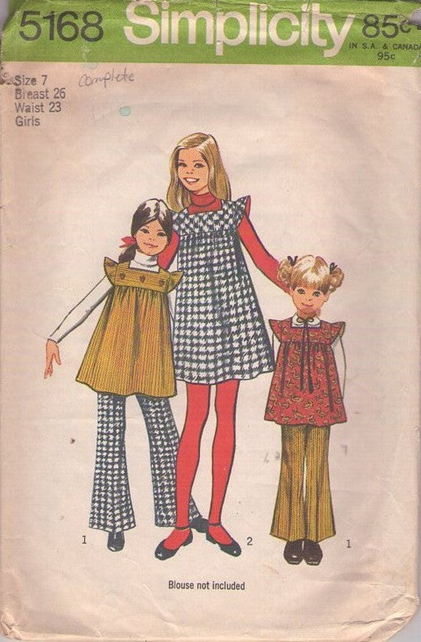 Simplicity 5168 Vintage 70's Sewing Pattern Girl's Separates, Brady Bunch Look, Flutter Cap Sleeve Flared Mini Dress, Tunic Top, Jumper, Flared Bell Bottom Pants Size 7