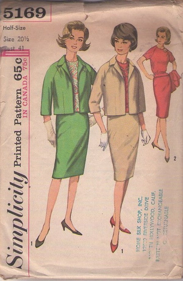 Simplicity 5169 Vintage 60's Sewing Pattern Suit Separates, Blouse, Skirt, Jacket, Full Figure, Jackie O Size 20.5