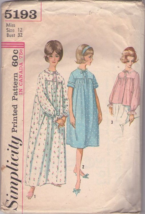 Simplicity 5193 Vintage 60's Sewing Pattern Modest Nightgown, Bed Jacket, Hospital Stay, Sleepwear Short or Long 12 UNCUT