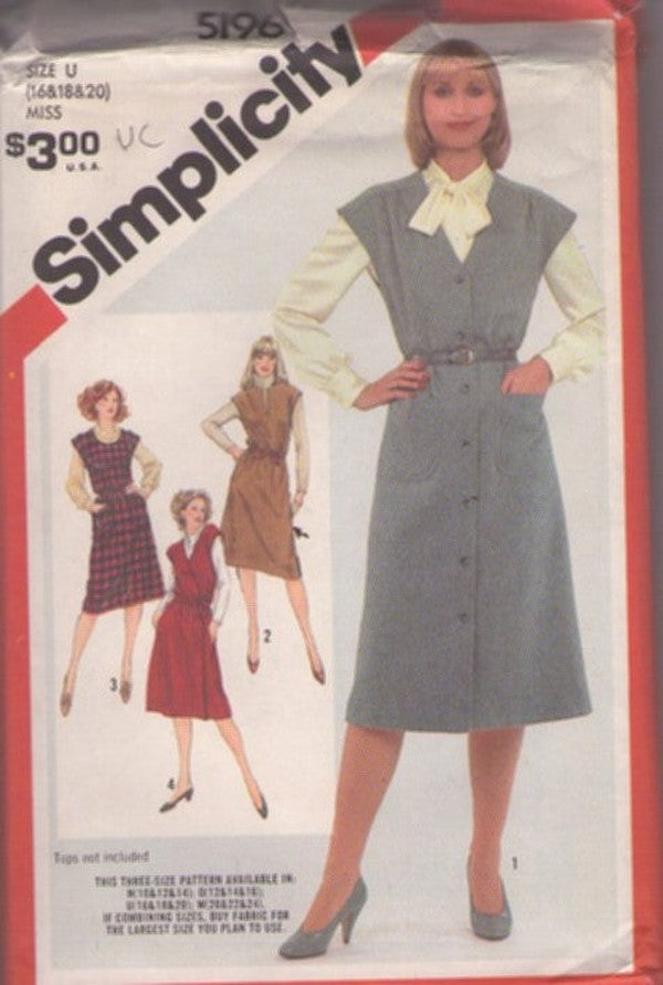 Simplicity 5196 Vintage 80's Sewing Pattern Jumper Set, Dress, Front Buttons, Wrap & Tie, 4 Styles Size 16-20