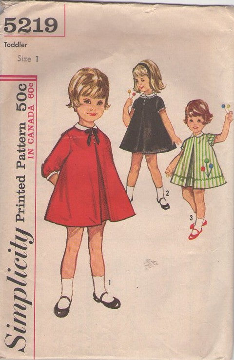 Simplicity 5219 Vintage 60's Sewing Pattern Toddler Girl's Dress, Inverted Front Center Pleat Flared Pretty Dress Set, 3 Styles Size 1