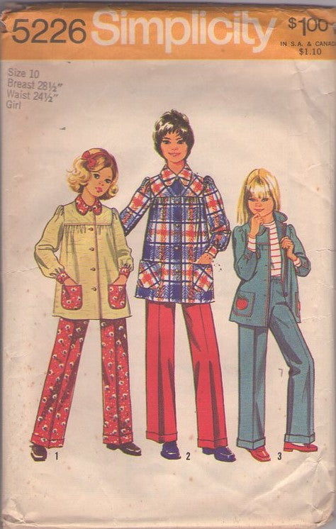 Simplicity 5226 Vintage 70's Sewing Pattern Girl's Separates, Button Up Smock Top Yoked Blouse, Shirt Jacket & Cuffed High Waist Brady Bunch Pants Size 10