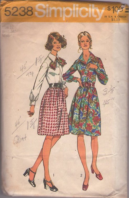 Simplicity 5238 Vintage 70's Sewing Pattern Secretary Dress, Shirtwaist Dress, Contrast Top, Daytime Styles Size 12