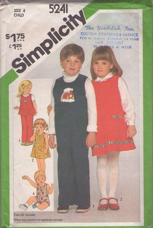 Simplicity 5241 Vintage 80's Sewing Pattern Girl's & Boys' TODDLER Sunsuit, Coveralls Jumpsuit, Jumper, Dress, Top & Appliques Size 4 CUT