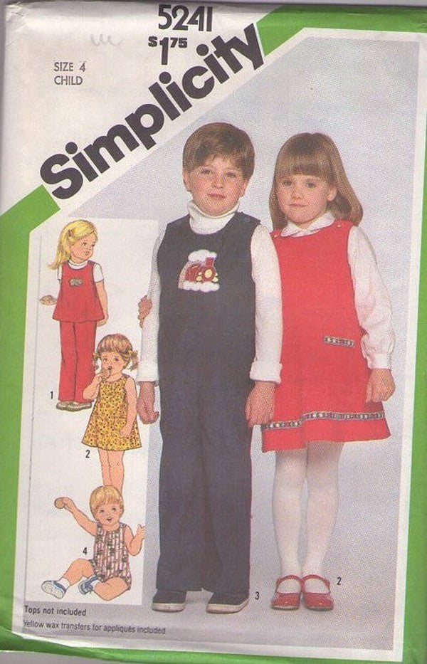 Simplicity 5241 Vintage 80's Sewing Pattern Girl's & Boys' TODDLER Sunsuit, Coveralls Jumpsuit, Jumper, Dress, Top & Appliques Size 4 UNCUT