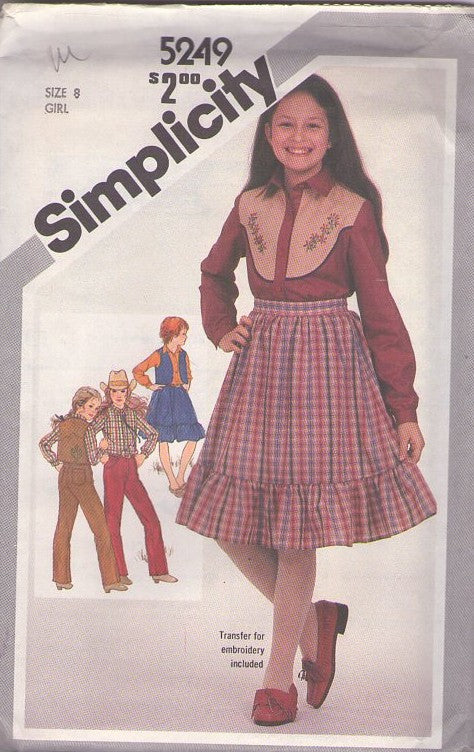 Simplicity 5249 Vintage 80's Sewing Pattern Girl's Western Separates, Prairie Skirt, Embroidered Rodeo Blouse, Fly Front Jeans, Pants Size 8