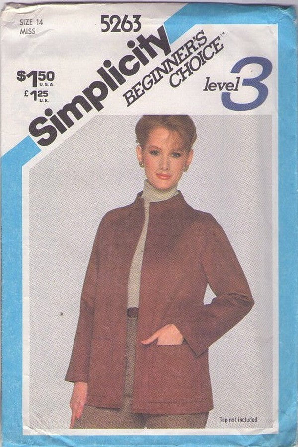 Simplicity 5263 Vintage 80's Sewing Pattern Easy Jacket, Stand Up Collar, Pockets Beginners Size 18