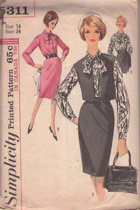 Simplicity 5311 Vintage 60's Sewing Pattern Secretary Separates, Mad Men, Pussycat Bow, Button Front Blouse, Slim Sheath Skirt, Sleeveless Vest Jacket Size 14