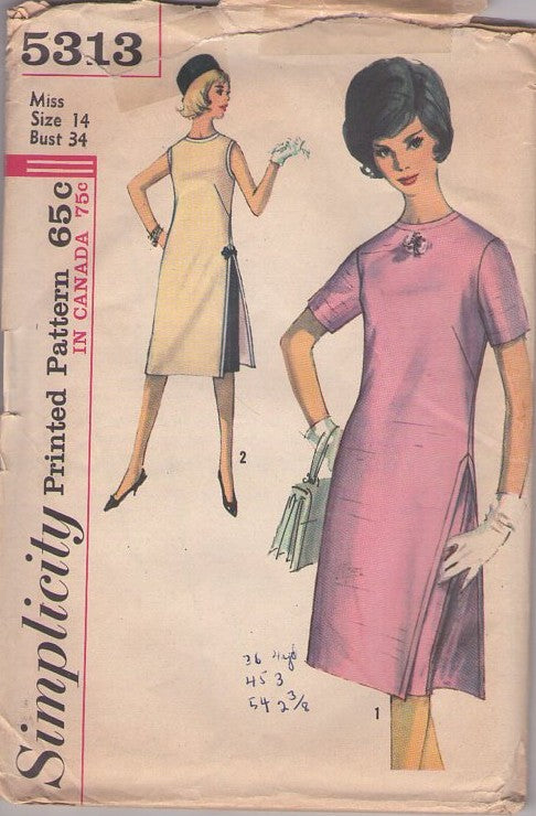 Simplicity 5313 Vintage 60's Sewing Pattern Mod 2 Piece Dress, Dart Fitted Side Slit Dress & Sheath Skirt Ensemble Size 14
