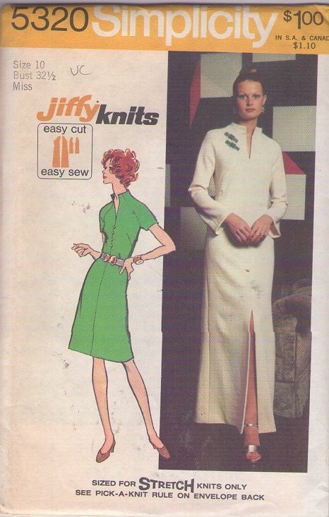 Simplicity 5320 Vintage 70's Sewing Pattern Disco Dress Set, Hostess Slit Lounge Gown, Evening Dress, Stand Up Collar Raglan Secretary Day Dress EASY Size 10