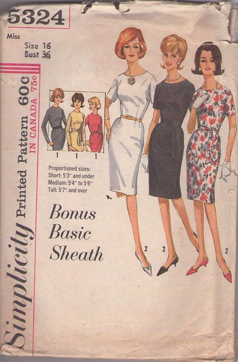 Simplicity 5324 Vintage 60's Sewing Pattern Day Dresses, Bonus Basic, Secretary Sheath Dress, 3 Heights Size 16