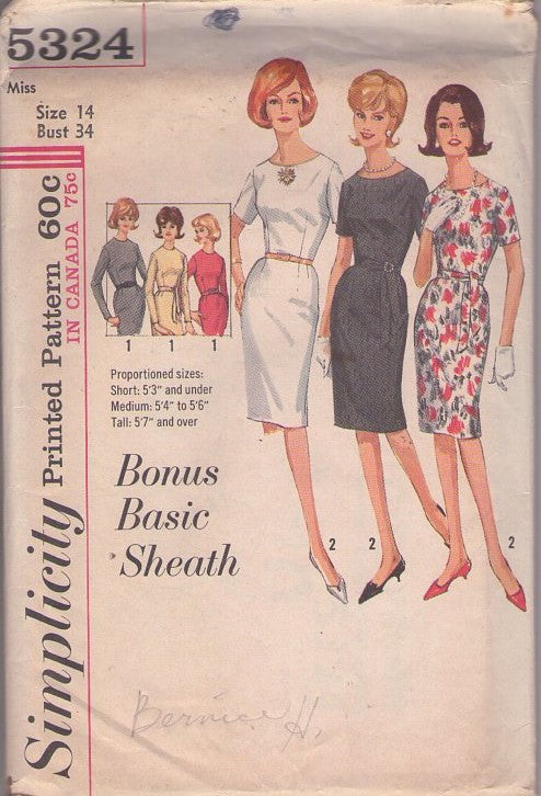 Simplicity 5324 Vintage 60's Sewing Pattern Day Dresses, Bonus Basic Secretary Sheath Dress, 3 Heights Size 14