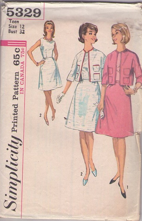 Simplicity 5329 Vintage 60's Sewing Pattern Secretary Suit Separates, Jackie O A-Line Skirt Summer Dress, Cropped Jacket, Tiny Pockets Size 12