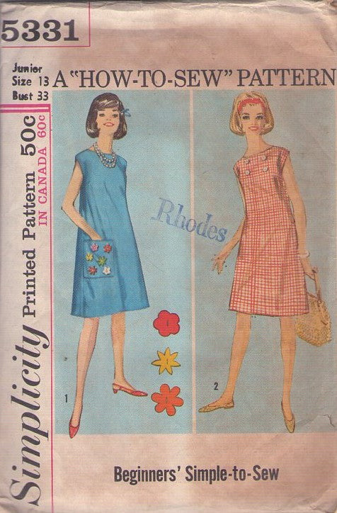 Simplicity 5331 Vintage 60's Sewing Pattern Simple Mod Shift Dress, House Dress Size 13