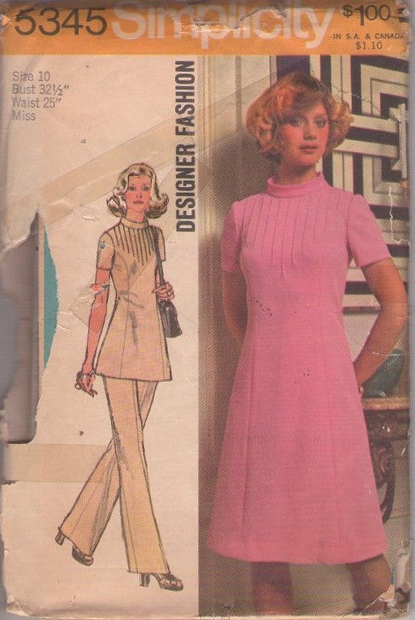 Simplicity 5345 Vintage 70's Sewing Pattern Mod Dress, Tunic Top, Pants, Pantsuit Designer Fashion, Pin Tucks, Space Age Size 10
