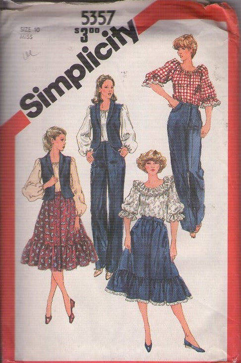 Simplicity 5757 Vintage 80's Sewing Pattern Prairie Skirt, Eyelet Blouse, Shawl Collar Blouse, Fly Front Pants Size 10