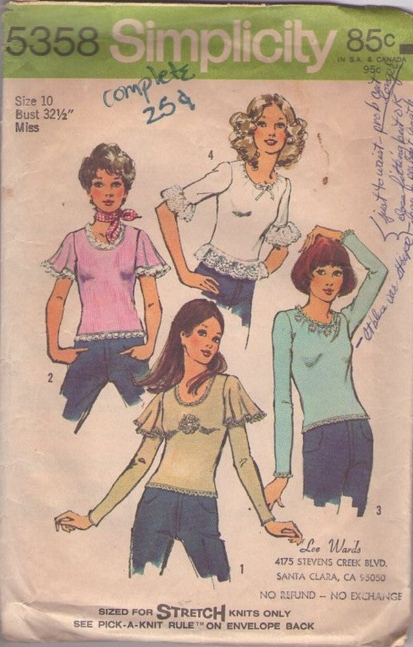 Simplicity 5358 Vintage 70's Sewing Pattern Hippie Tops, Flutter Lace Ruffles Sleeve Clingy Stretch Knits Tshirt Top, Blouse Set Size 10