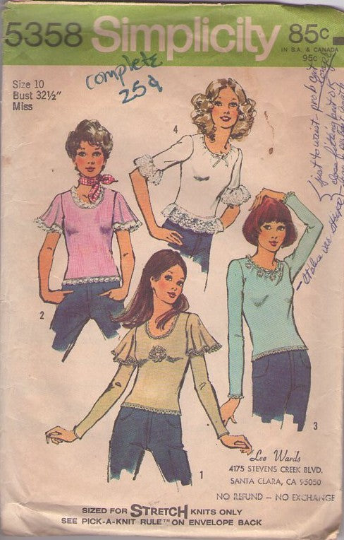 Simplicity 5358 Vintage 70's Sewing Pattern Hippie Tops, Flutter Lace Ruffles Sleeve Clingy Stretch Knits Tshirt Top, Blouse Set Size 10