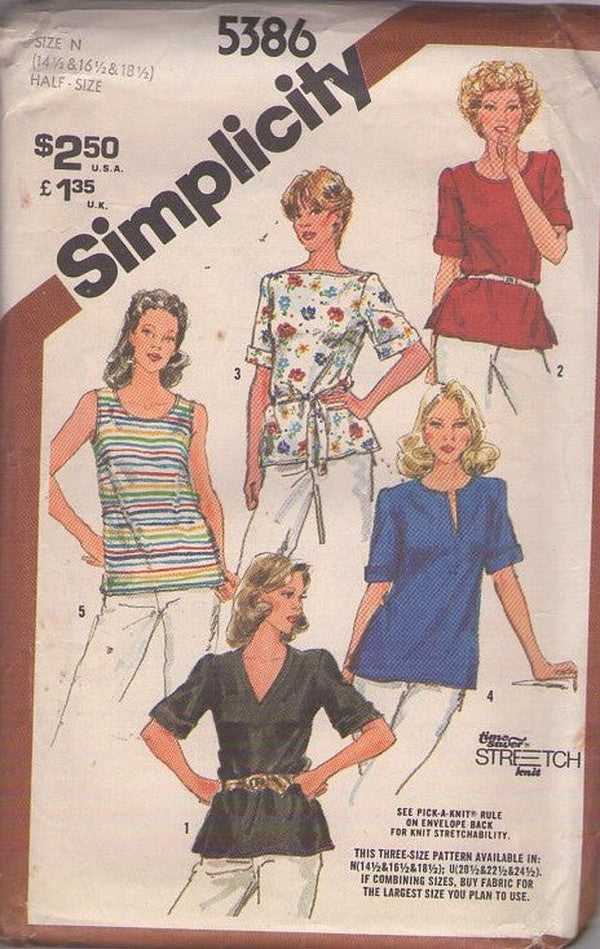 Simplicity 5386 Vintage 80's Sewing Pattern Half Size Tops, Blouse, V, Scoop, Bateau Neck 5 Styles Size 14.5-18.5