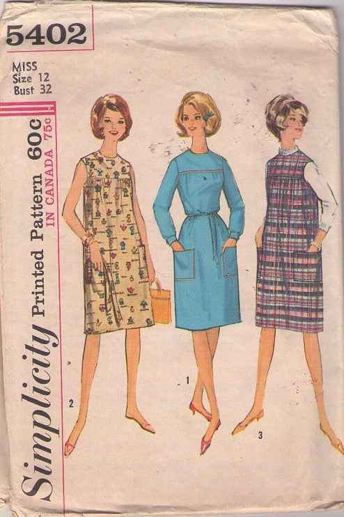 Simplicity 5402 Vintage 60's Sewing Pattern Day Dress Set, Mother & Daughter Ladies' High Yoked Modest Flared Smock Dress, Pockets, Jumper, Tie Belt Size 12
