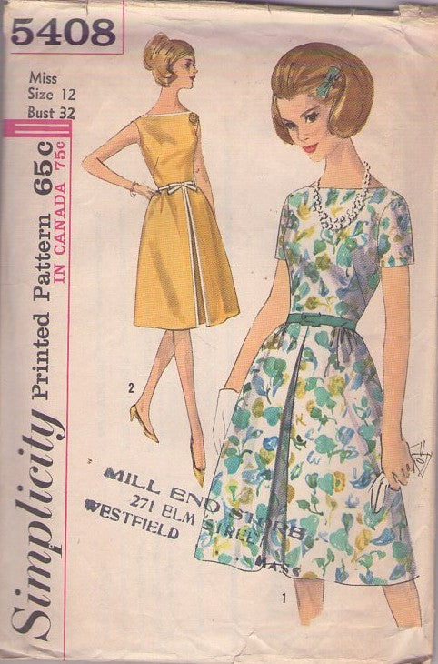 Simplicity 5408 Vintage 60's Sewing Pattern Day Dresses, Jackie O Cocktail Party Dress, Inverted Front Pleat Bateau Neck Size 12