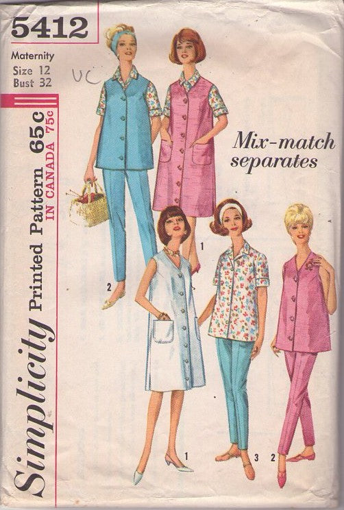 Simplicity 5412 Vintage 60's Sewing Pattern Mother To Be Separates, Jackie O Blouse, Pants, Jumper, Coat Dress Mix & Match Separates Size 12
