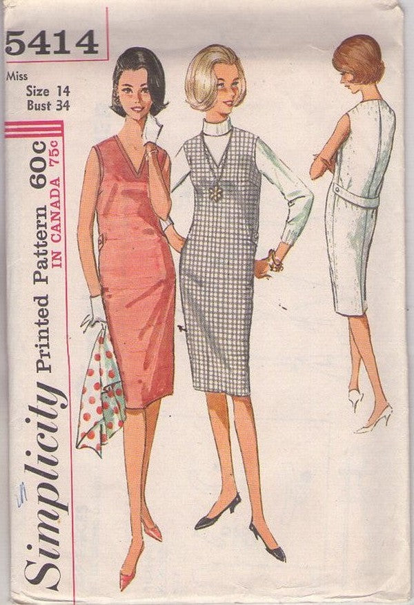 Simplicity 5414 Vintage 60's Sewing Pattern Mod Jumpers, V Neck Jumper, Secretary Dress with Back Martingale Belt Size 14