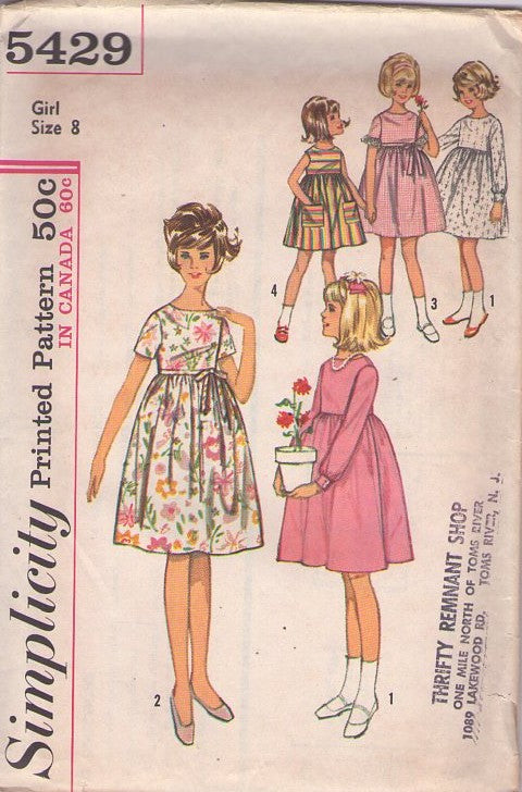Simplicity 5429 Vintage 60's Sewing Pattern Girl's Dress, Modest Flared, High Waisted Summer Set, 4 Styles Size 8