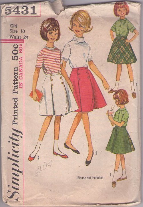 Simplicity 5431 Vintage 60's Sewing Pattern Teen Girl's Skirts, Mod Wrap Around Reversible Fabric Skirt Set Size 10