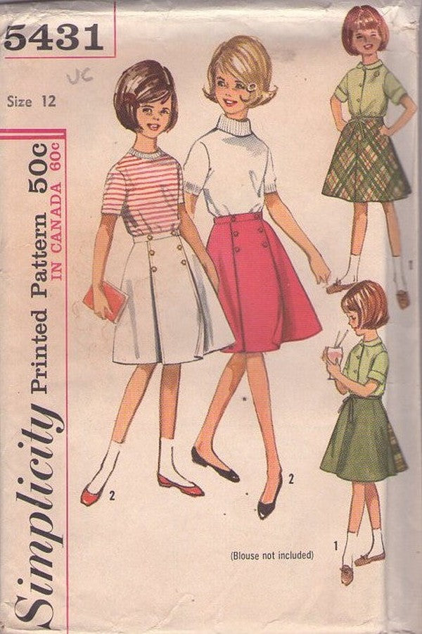 Simplicity 5431 Vintage 60's Sewing Pattern Teen Girl's Skirts, Mod Wrap Around Reversible Fabric Skirt Set Size 12