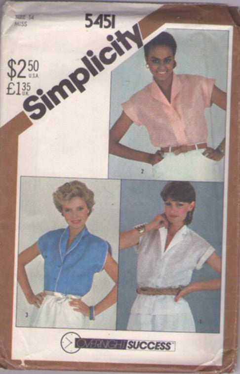 Simplicity 5451 Vintage 80's Sewing Pattern Easy Shirts, Overnight Success Wing, Shawl, Notched Collar Cap Sleeve Blouse Set, 3 Styles Size 14