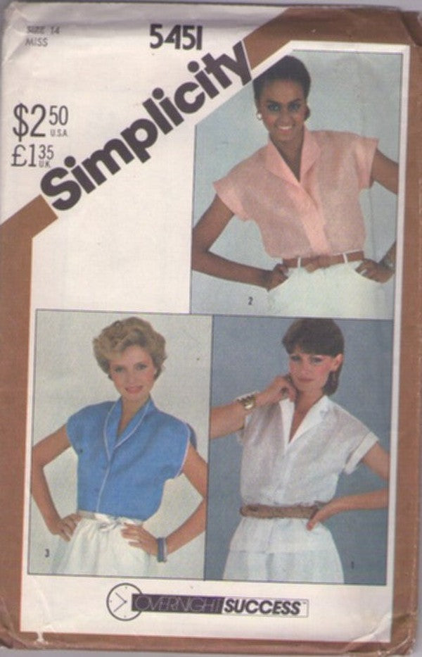 Simplicity 5451 Vintage 80's Sewing Pattern Easy Shirts, Overnight Success Wing, Shawl, Notched Collar Cap Sleeve Blouse Set, 3 Styles Size 14