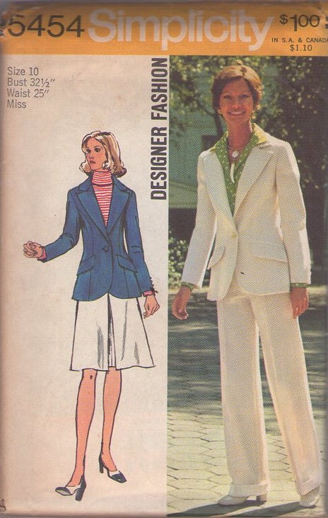 Simplicity 5454 Vintage 70's Sewing Pattern Suit Separates, Designer Fashion Secretary Blazer Suit Jacket, Inverted Pleat Skirt, Slacks Size 10 CUT