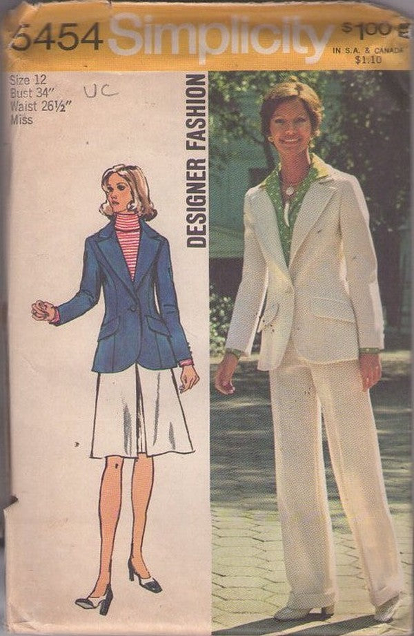 Simplicity 5454 Vintage 70's Sewing Pattern Suit Separates, Designer Fashion Secretary Blazer Suit Jacket, Inverted Pleat Skirt, Slacks Size 12