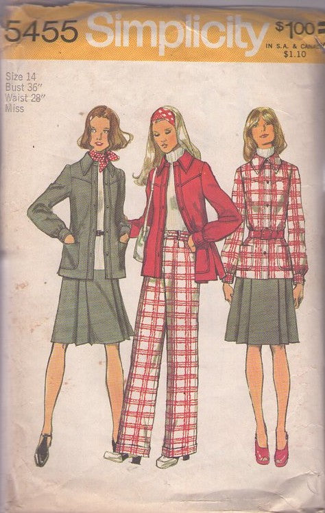 Simplicity 5455 Vintage 70's Sewing Pattern Casual Separates, Office Yoked Shirt Jacket, Pleated Secretary Skirt, Flared Cuffed Pants Size 14