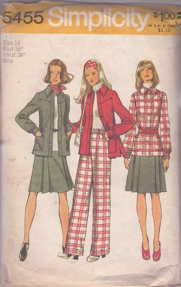 Simplicity 5455 Vintage 70's Sewing Pattern Casual Separates, Office Yoked Shirt Jacket, Pleated Secretary Skirt, Flared Cuffed Pants Size 14