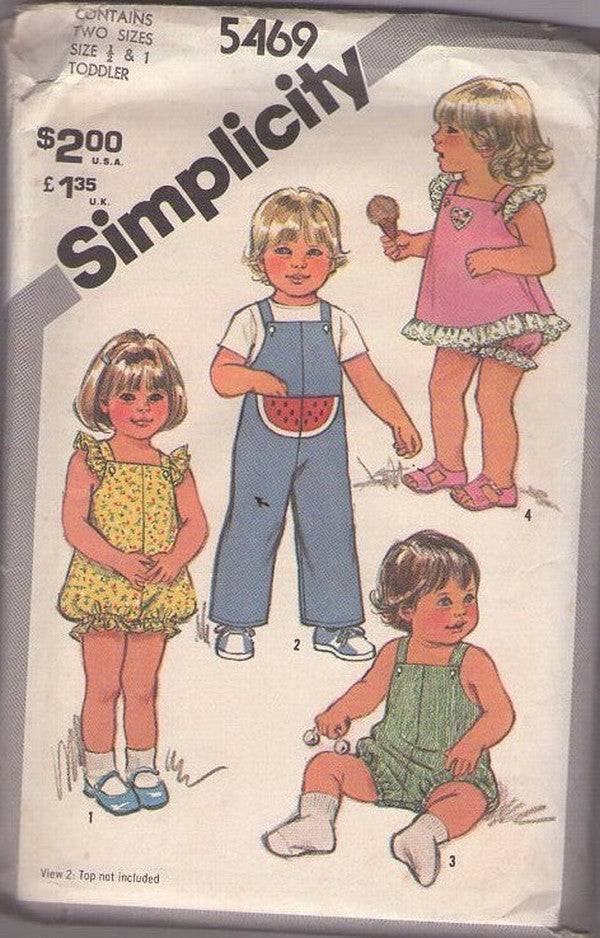 Simplicity 5469 Vintage 80's Sewing Pattern Boys' & Girl's Wardrobe, Summer Watermelon Pocket Overalls, Sunsuit, Romper, Bubble Leg, Bloomers Panties Size 1/2-1