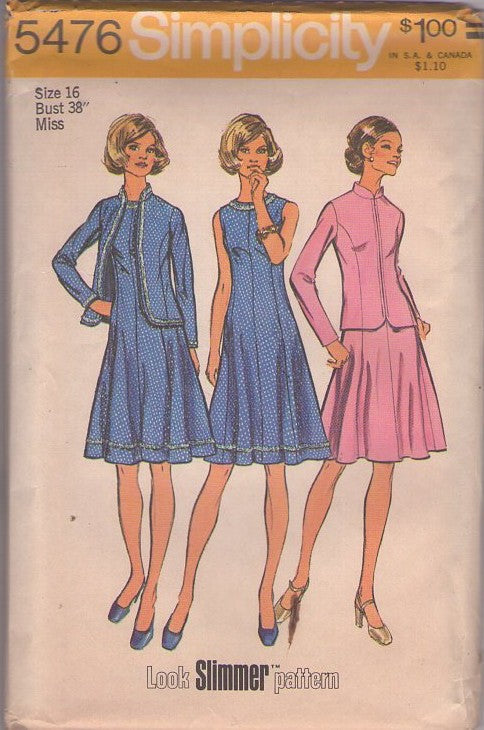 Simplicity 5476 Vintage 70's Sewing Pattern Secretary Dress, Jacket, Look Slimmer, Fit & Flared Princess Seams Dress, Front Zip, Nehru Collar Jacket Size 16