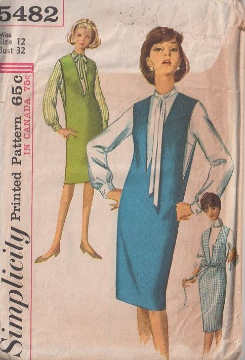 Simplicity 5482 Vintage 60's Sewing Pattern Retro Separates, Mad Men Housewife Plunging V Neckline, V Slit Armholes Jumper Dress, Tie Collar Blouse Size 12