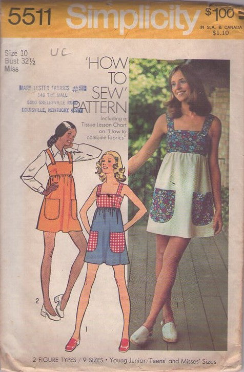 Simplicity 5511 Vintage 70's Sewing Pattern Easy Sun Dress, Top, How to Sew High Waist Mod Micro Mini Jumper, Sundress, Dress HUGE Pockets, 2 Styles Size 10