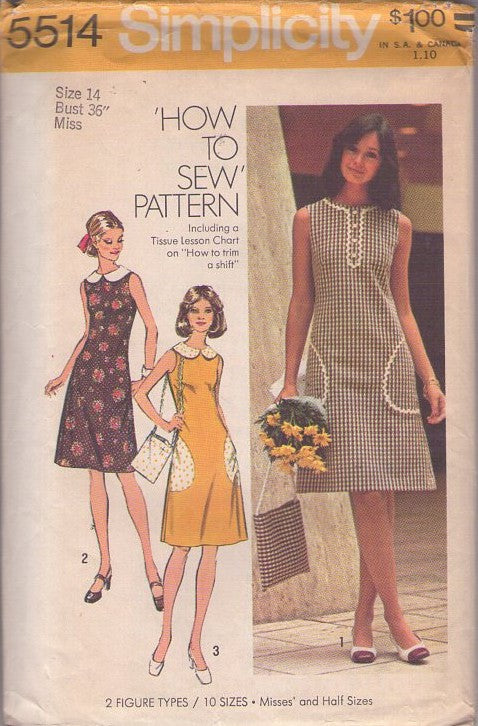 Simplicity 5514 Vintage 70's Sewing Pattern Summer Dress Set, Easy Large Pockets Secretary Day Dress, 3 Styles and Shoulder Bag Purse Size 14